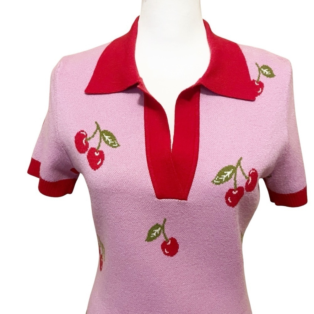 Forever 21 Cherry Short Sleeve Tennis Prep Sweater Dress Pink Red Size M - Picture 5 of 9